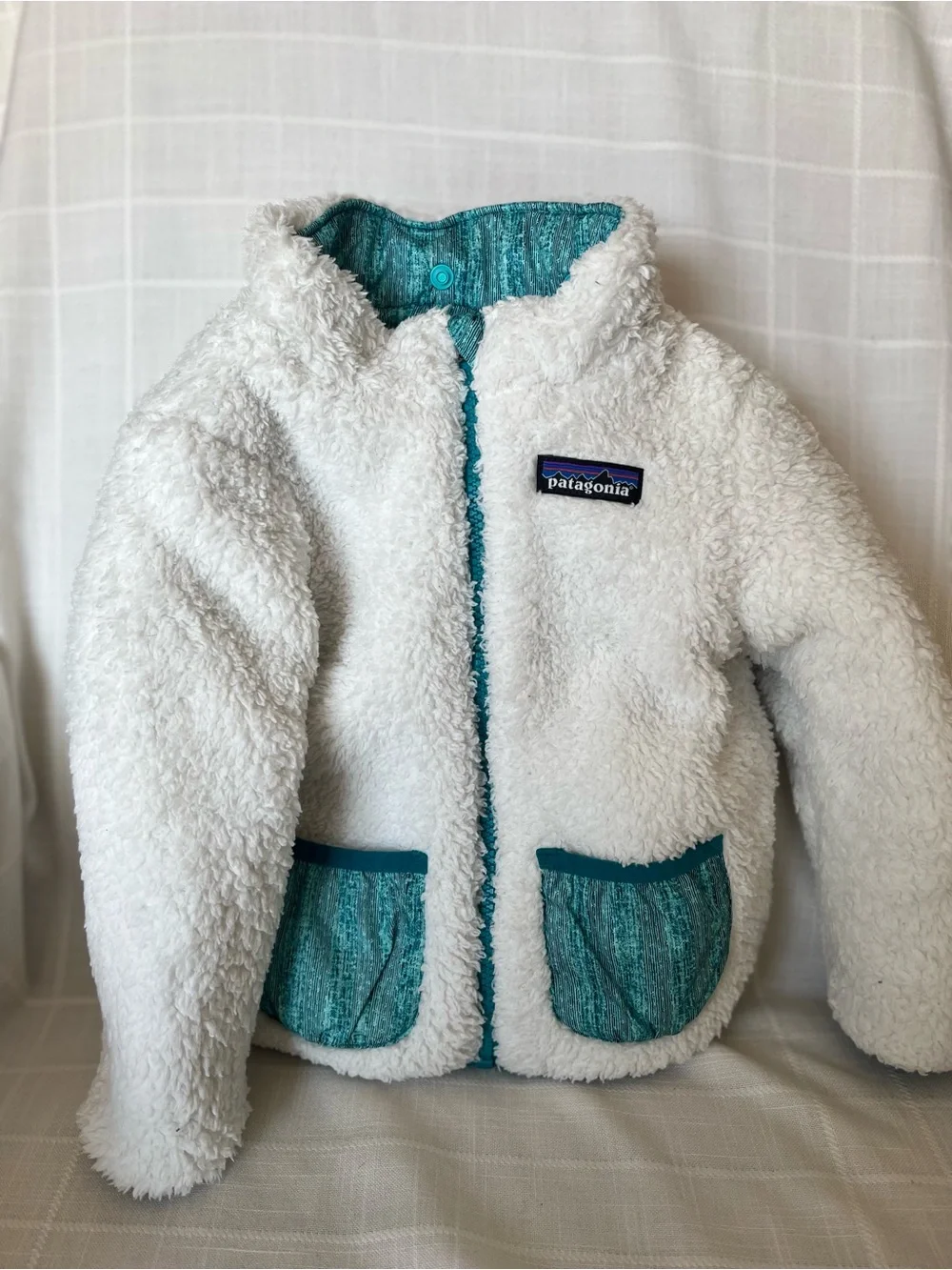 Patagonia Teal & White Reversible Hooded Jacket